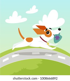 Cute jack russell terrier running with slipper in its mouth on summer day vector Illustration in cartoon style
