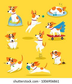 Cute jack russell terrier set, funny pet dog character in different situations cartoon vector Illustrations