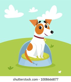 Cute jack russell terrier sitting on dogs bed in the meadow on summer day vector Illustration in cartoon style