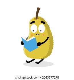 cute jackfruit character reading a book illustration design