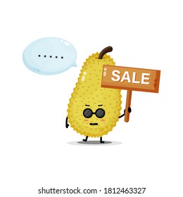 Cute jackfruit mascot with the sales sign