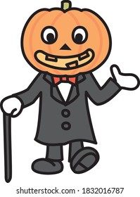 
A cute jack-o'-lantern butler in full dress