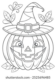 Cute Jack-O-Lantern coloring page with a witch hat and autumn leaves