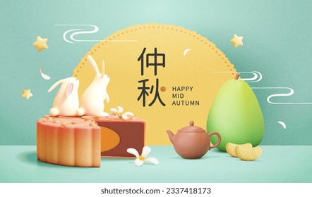 Cute Jade Kaninchen auf geschnittenem Mondkuchen mit Blick auf Halbkreisbrett mit Osmanthus-Blume, Teekanne und Pampelmuse auf minzgrünem Hintergrund. Chinesische Übersetzung: Mittlerer Herbst