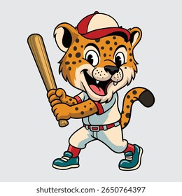 Cute Jaguar baseball player smiling confidently while holding a bat in a cartoon illustration