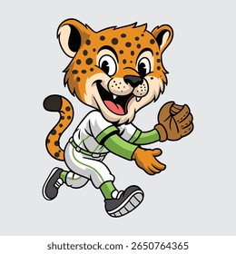 Bonito Jaguar em um uniforme de beisebol correndo alegremente com uma luva na ilustração de desenho animado