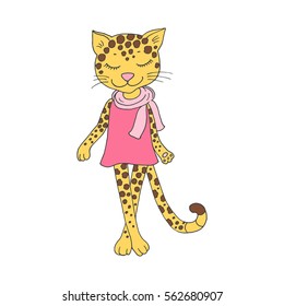 Cute jaguar with closed eyes in pink dress. Vector illustration for Valentine's Day, baby announcement, Mother's Day,wedding design, scrapbook, textiles.