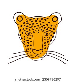 Cute jaguar face, portrait hand drawn cartoon character illustration, sketch. Line art, drawing style design, isolated vector. Tropical animal, jungle wildlife, big cats, safari, nature, print element