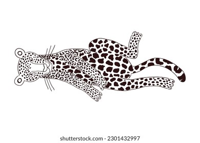 Cute jaguar colocando la ilustración de caricaturas dibujadas a mano, boceto. Arte de línea, diseño de estilo de dibujo, vector aislado. Animales tropicales, vida silvestre de la jungla, gatos grandes, safari, naturaleza, elemento impreso