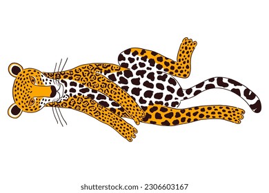 Cute jaguar colocando la ilustración de caricaturas dibujadas a mano, boceto. Arte de línea, diseño de estilo de dibujo, vector aislado. Animales tropicales, vida silvestre de la jungla, gatos grandes, safari, naturaleza, elemento impreso