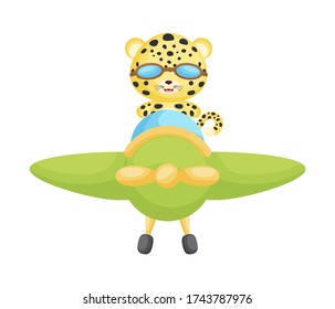 Cute jaguar pilot wearing aviator goggles flying an airplane. Graphic element for childrens book, album, scrapbook, postcard, mobile game. Flat vector stock illustration isolated on white background.