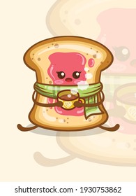 The cute, jam-covered white bread holding coffee cup. cartoon character.