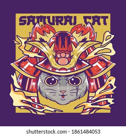 Cute Japan Samurai Cat Illustration