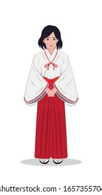 Cute Japan Shinto shrine maiden or shrine supplementary priestess dress in Hakama Kimono red and white called Miko drawing in vector 