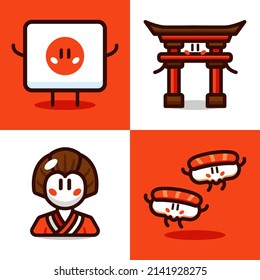 Cute japan stuff cartoon vector icon illustration set