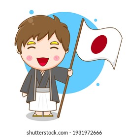 Cute Japanese boy with yukata holding flag
