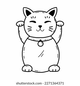 Cute Japanese cat. Maneki-neko. Vector doodle illustration. Traditional asian statuette. Japan. Sketch.