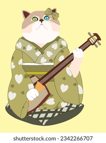 Cute Japanese Cat playing shamisen