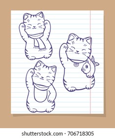 Cute japanese cats sketch. Vector maneki neko silhouettes set