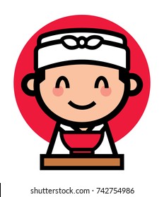 Cute Japanese chef with happy smiling and serving Japanese Ramen soup - vector mascot character