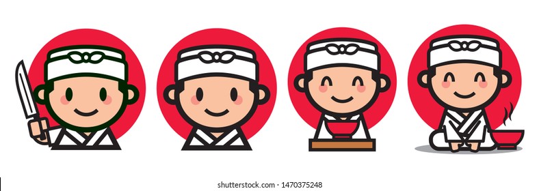 Cute Japanese chef set with japanese knife and ramen bowl - vector mascot character illustration - vector