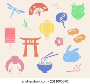 Cute japanese collage clipart. Set of japanese culture and traditional stuff like torii gate, paper lantern, ramen, geisha, sakura flower, handing fan, dragonfly. Vector cute clipart about Japan life.