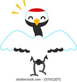 Cute Japanese crane character smiling and dancing