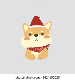 Cute japanese dog shiba inu sitting with red christmas hat on gray Background with snow -vector 