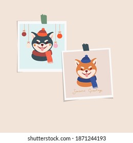 Cute Japanese dog Shiba inu Christmas and new year greetings card. Pet portrait