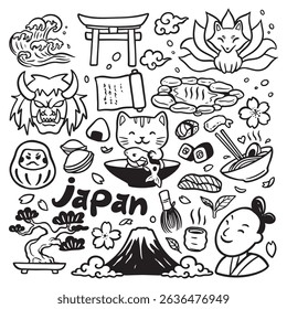 Cute japanese doodles, asians doodle vector