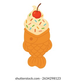 Cute Japanese fish-shaped cone with vanilla ice cream, sprinkles, and cherry, cartoon vector.