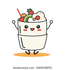 Cute Japanese Food Drink Cartoon Character in Glass with Fruits Vegetables