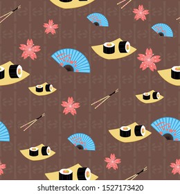 Cute japanese food and elements inspired seamless pattern background .Perfect for web , textile home decor projects or restaurants menus.Surface pattern design. 