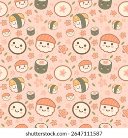 Cute Japanese Food Seamless Pattern with Smiling Sushi, Sakura Flowers, Pink Pastel Background