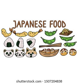 Cute Japanese food set illustration. Tempura, onigiri, animal shapes, edamame, takoyaki Asian snack clipart. 
