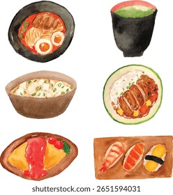 Bonito clipart de aquarela de comida japonesa, ramen, sushi, arroz curry, sopa miso, omurice e chá de ocha conjunto vetor
