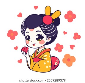 Cute japanese geisha in kawaii style. Vector isolated illustration.