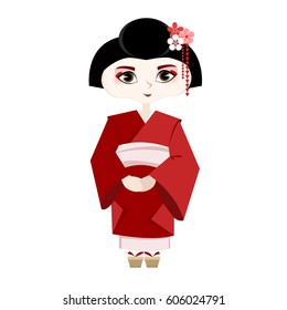 Cute Japanese geisha in traditional clothes. Geisha in national red dress. Flat style. Vector illustration.