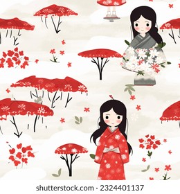 Cute Japanese Girl Cherry Blossoms Kimono Sakura Yukata Seamless Pattern Wallpaper Background