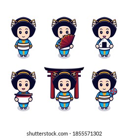 Cute Japanese Girl With Different Expressions Set Cartoon Vector Icon Illustration. Flat Cartoon Style Suitable For Story Book, Flyer, Sticker, Card