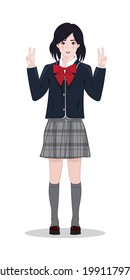 Cute Japanese girl or teen with smiling face dress in Japan school uniform with red bow tie and plaid skirt drawing in cartoon vector