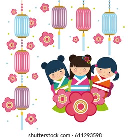 cute japanese girls with kimono over white background. colorful design. vector illustration