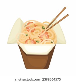 cute japanese instant cup noodle with eggs,Instant cup noodle, with chopsticks and warm smoke,Traditional asian food. Plate with ramen, asian soup. Vector illustration