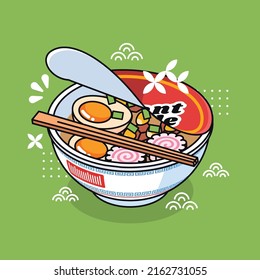 cute Japanese instant cup noodles with eggs in a big white bowl