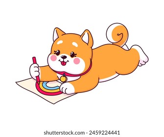 Lindo japonés kawaii shiba inu dibujo de cachorro con lápiz. Personaje de perro adorable de Vector aislado acostado en el piso y pintando la ilustración del arco iris en papel. Artista cachorro divertido disfrutando de hobby creativo