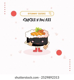 Personagem bonito japonês kawaii sushi roll. Personagem de desenho animado e comida.