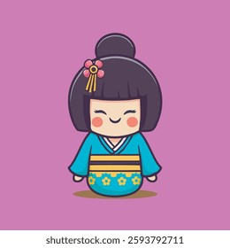 Cute Japanese Kimono girl vector children's illustration Q edition vector cartoon illustration