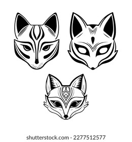 cute japanese kitsune mask collection set hand drawn illustration
