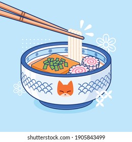 cute japanese kitsune udon noodle in blue fox bowl
