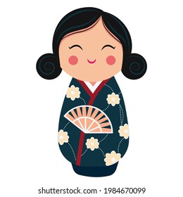 Un bonito personaje japonés de muñeca kokeshi. Ilustración vectorial de dibujos animados aislada en fondo blanco.